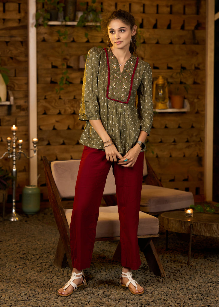 Mehendi green bandhani print top with embroidered yoke