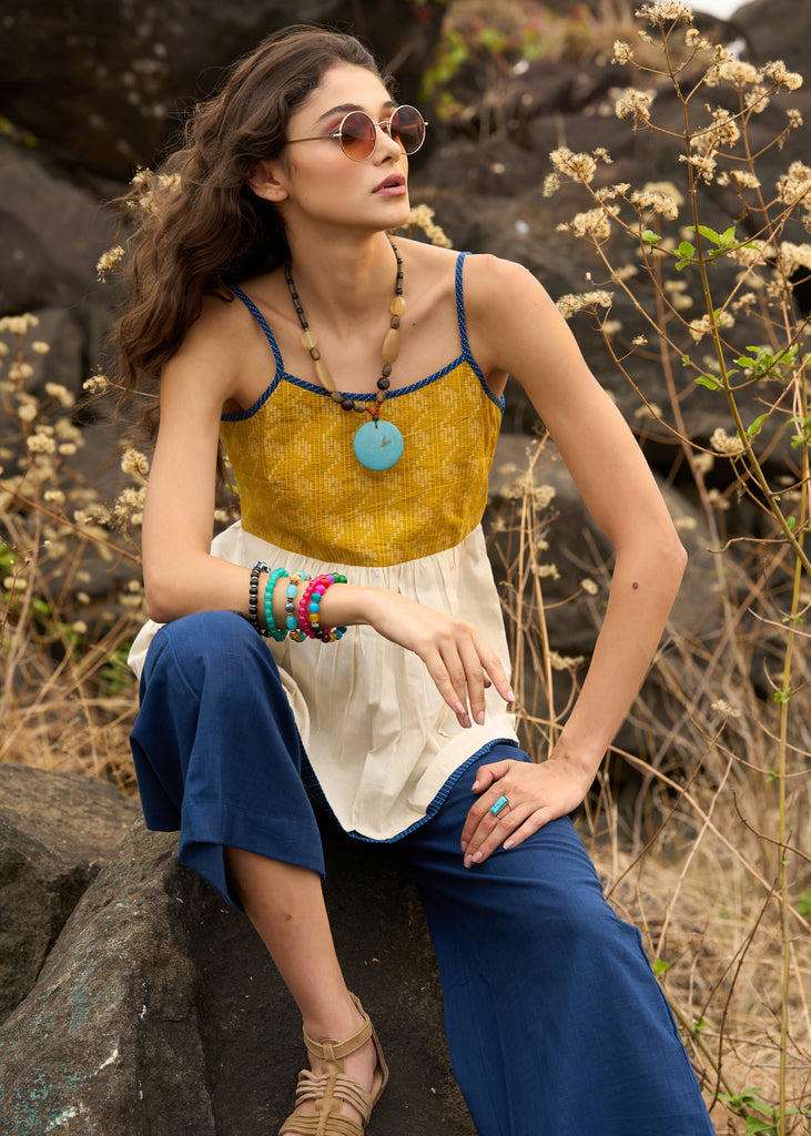 Trendy kantha top in mustard yellow & blue colour - Pant optional