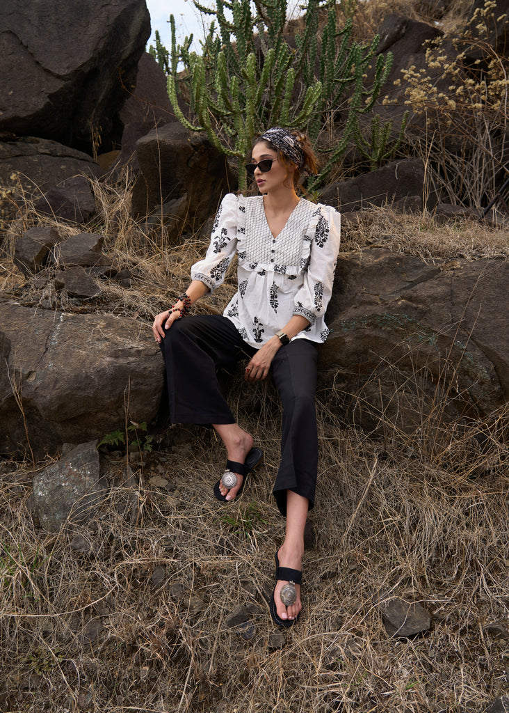 Elegant white floral printed top with threadwork on yoke - Pant Optional