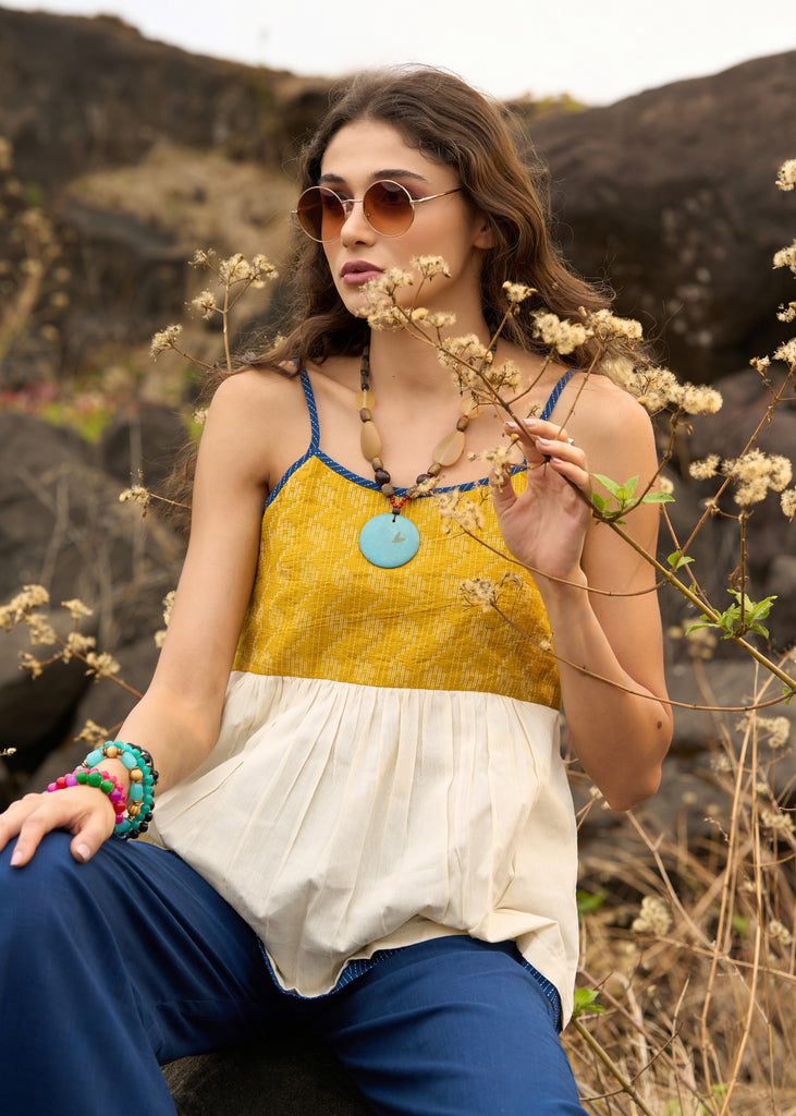 Trendy kantha top in mustard yellow & blue colour - Pant optional