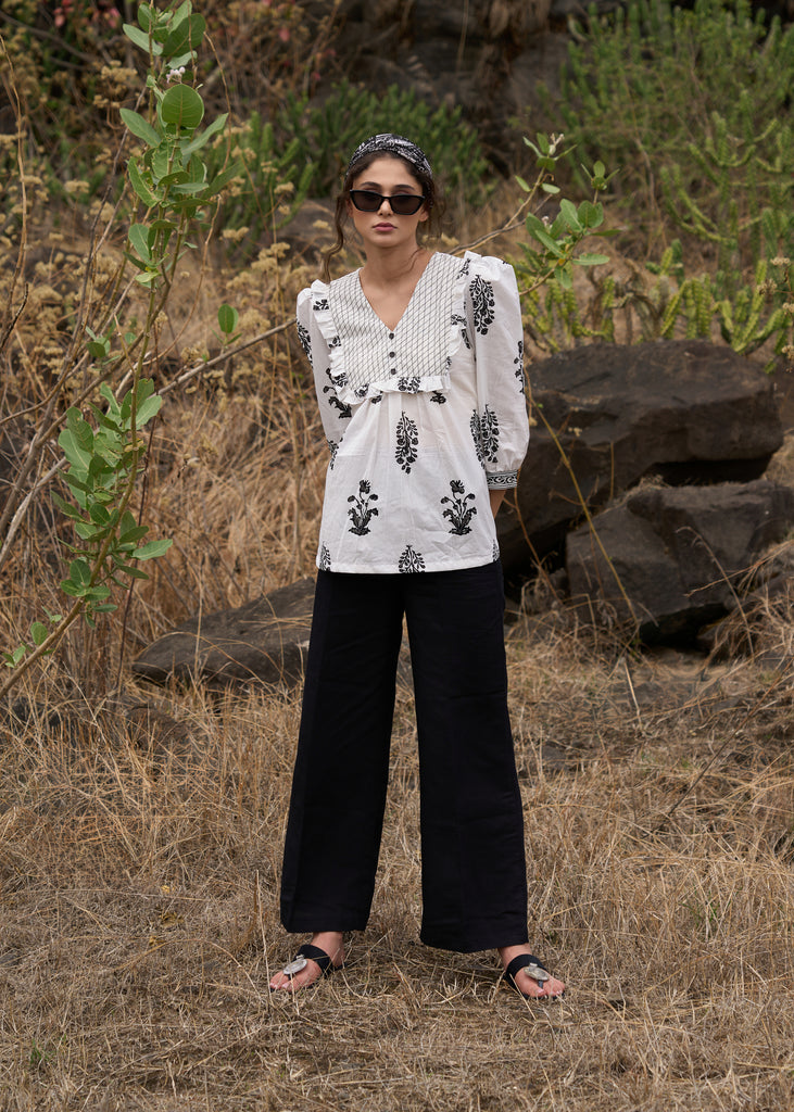 Elegant white floral printed top with threadwork on yoke - Pant Optional