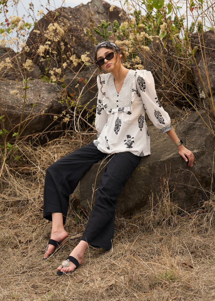 Elegant white floral printed top with threadwork on yoke - Pant Optional