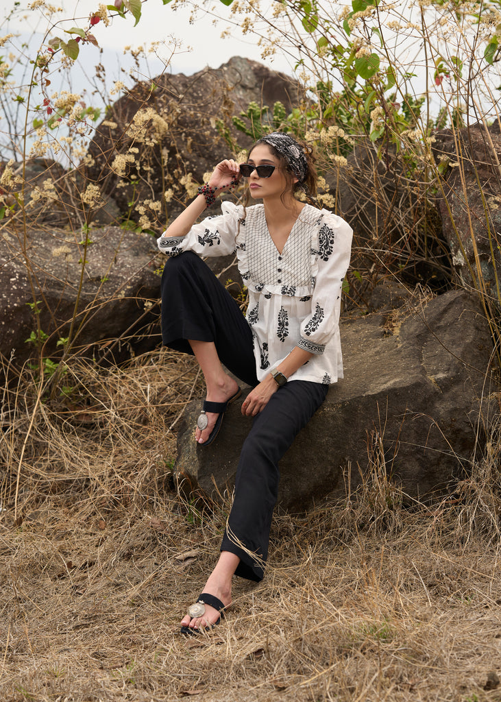 Elegant white floral printed top with threadwork on yoke - Pant Optional