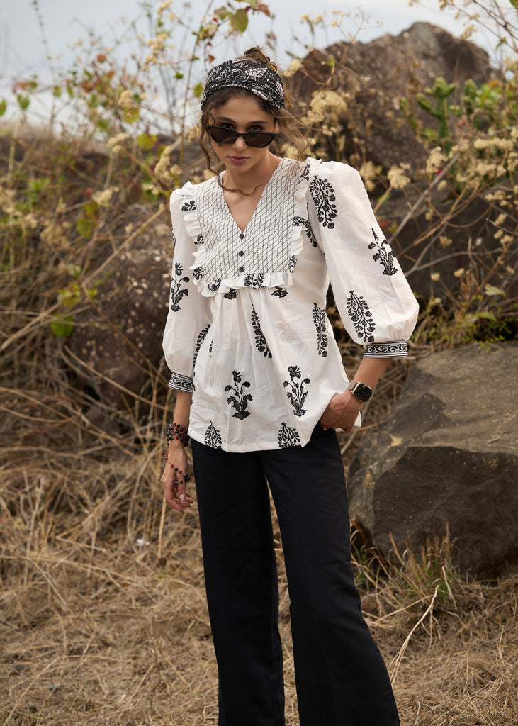 Elegant white floral printed top with threadwork on yoke - Pant Optional