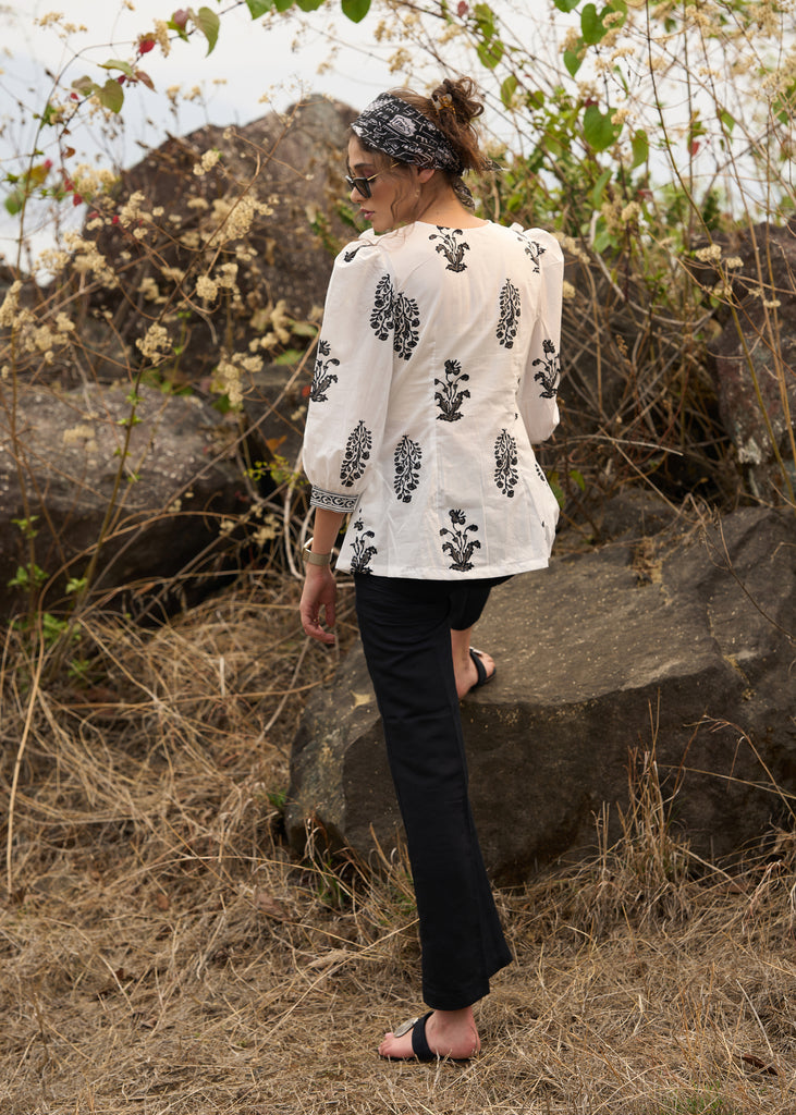 Elegant white floral printed top with threadwork on yoke - Pant Optional