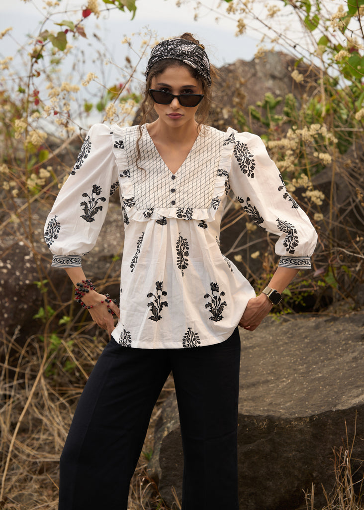 Elegant white floral printed top with threadwork on yoke - Pant Optional