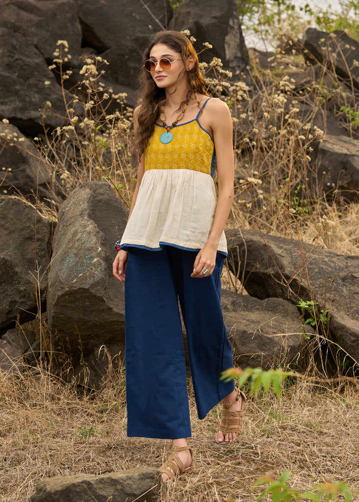 Trendy kantha top in mustard yellow & blue colour - Pant optional