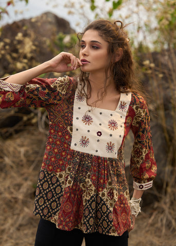 Stylish Printed kantha top  with off white embroidered yoke - pant optional