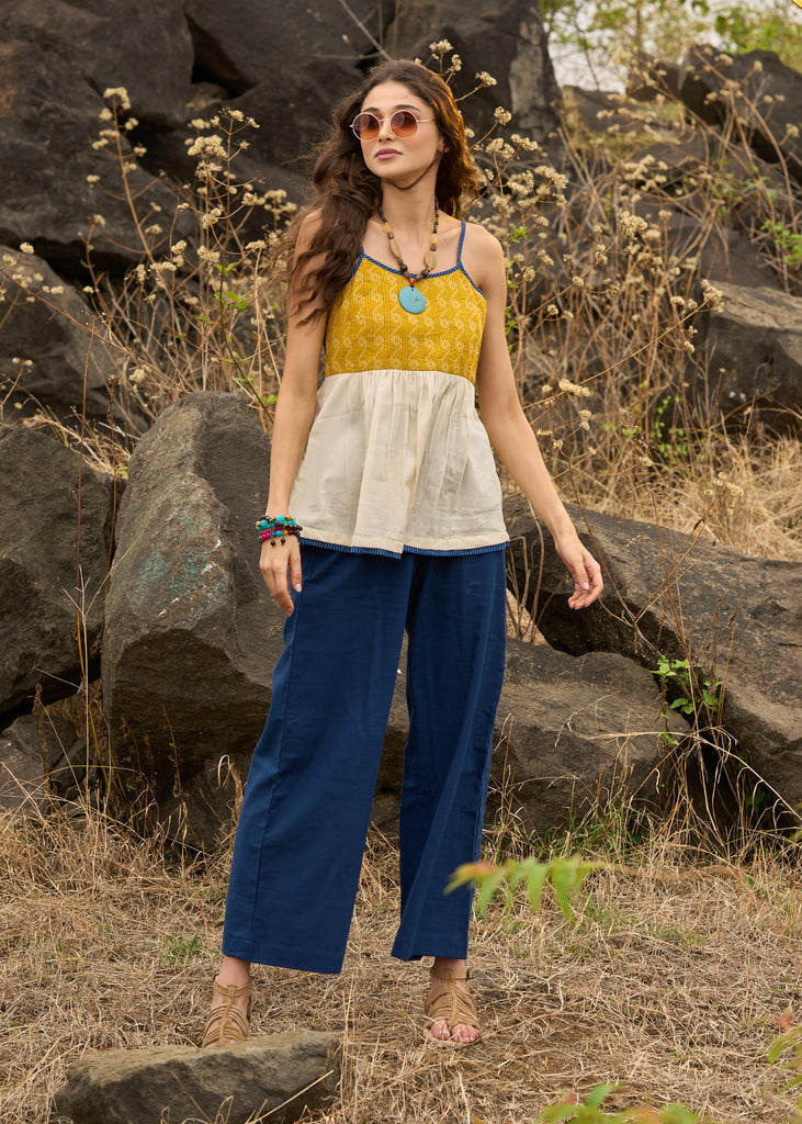 Trendy kantha top in mustard yellow & blue colour - Pant optional