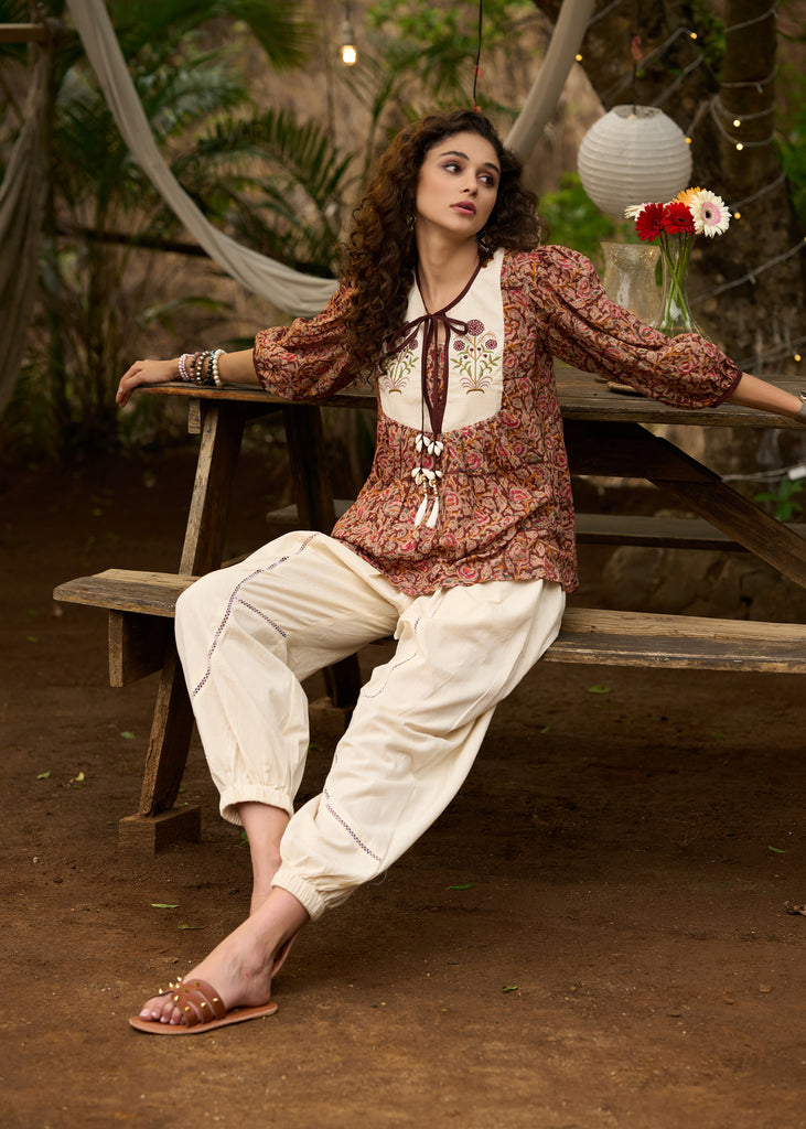 Stylish Kalamkari embroidered top with tie-ups -Pant optional