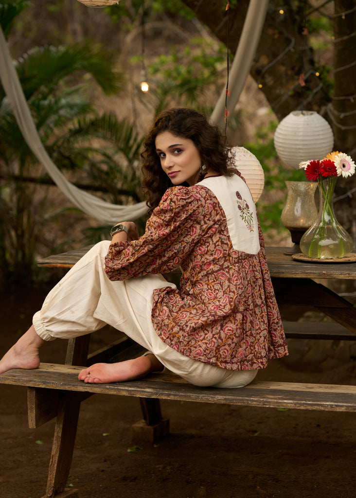 Stylish Kalamkari embroidered top with tie-ups -Pant optional