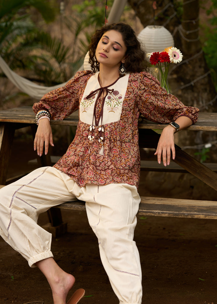 Stylish Kalamkari embroidered top with tie-ups -Pant optional