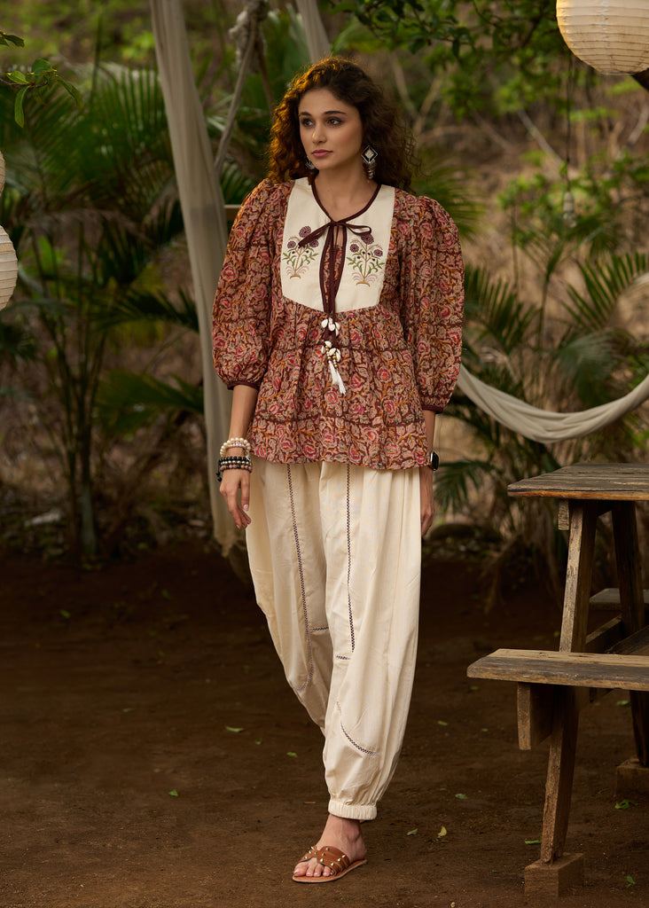 Stylish Kalamkari embroidered top with tie-ups -Pant optional