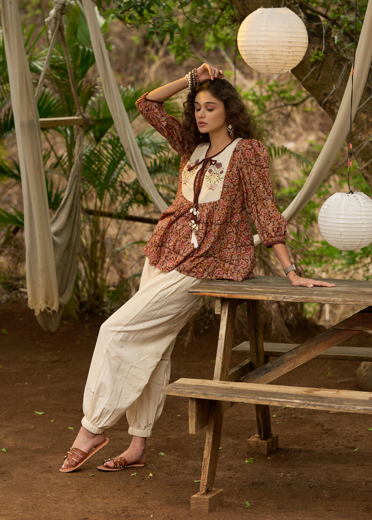 Stylish Kalamkari embroidered top with tie-ups -Pant optional