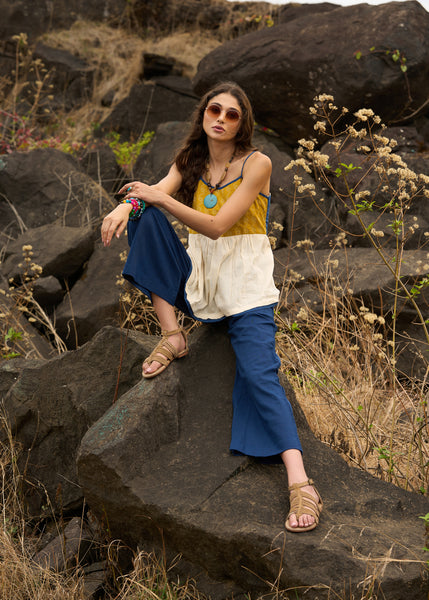 Trendy kantha top in mustard yellow & blue colour - Pant optional