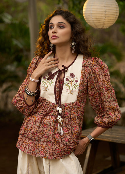 Stylish Kalamkari embroidered top with tie-ups -Pant optional