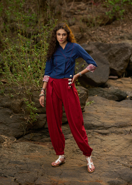 Navy blue crop top with embroidered border & side tie-ups - pant Optional