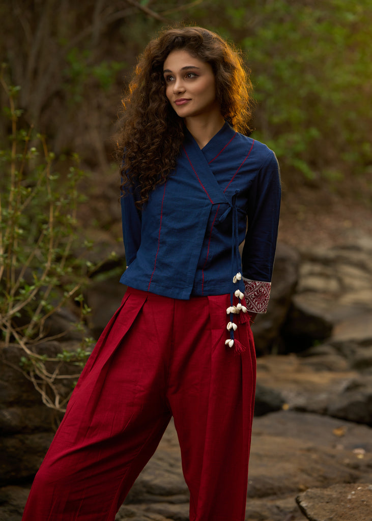 Navy blue crop top with embroidered border & side tie-ups - pant Optional