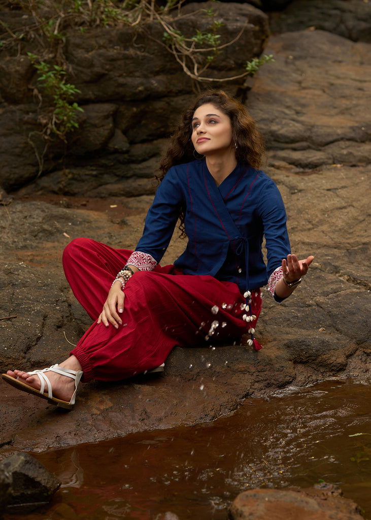 Navy blue crop top with embroidered border & side tie-ups - pant Optional