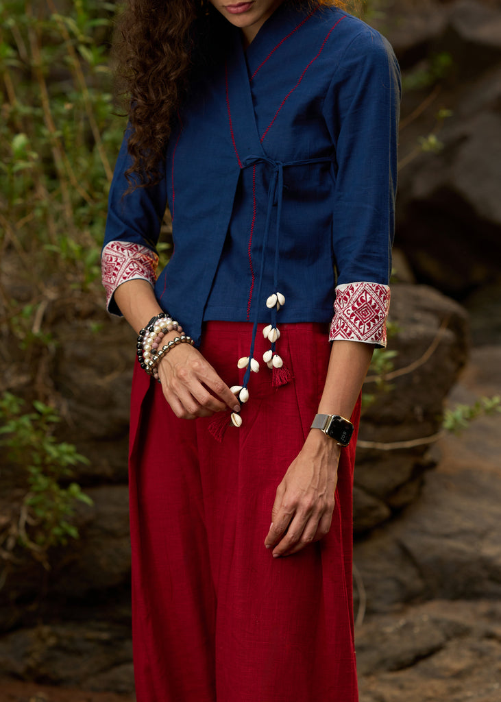 Navy blue crop top with embroidered border & side tie-ups - pant Optional