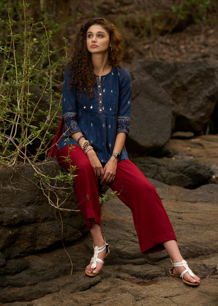 Navy blue printed top with front pleates & coin work