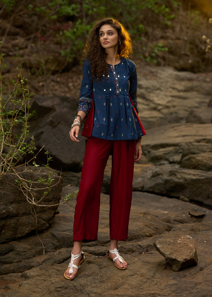 Navy blue printed top with front pleates & coin work