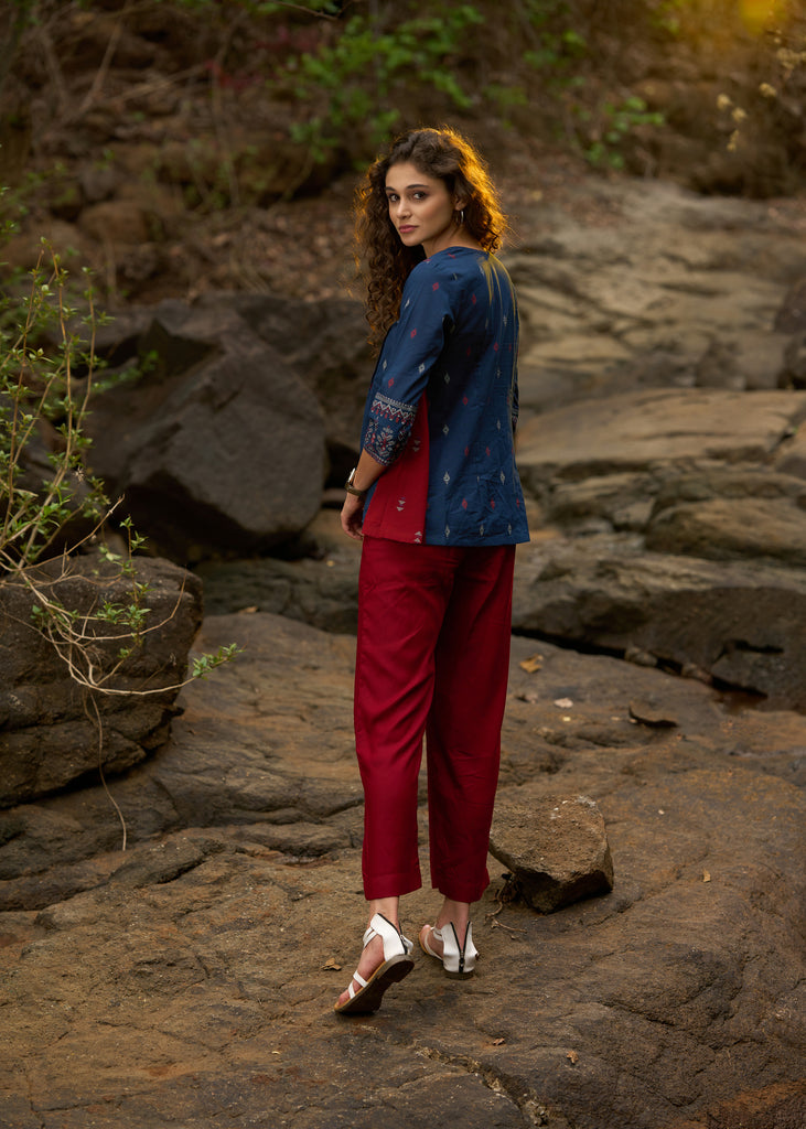 Navy blue printed top with front pleates & coin work