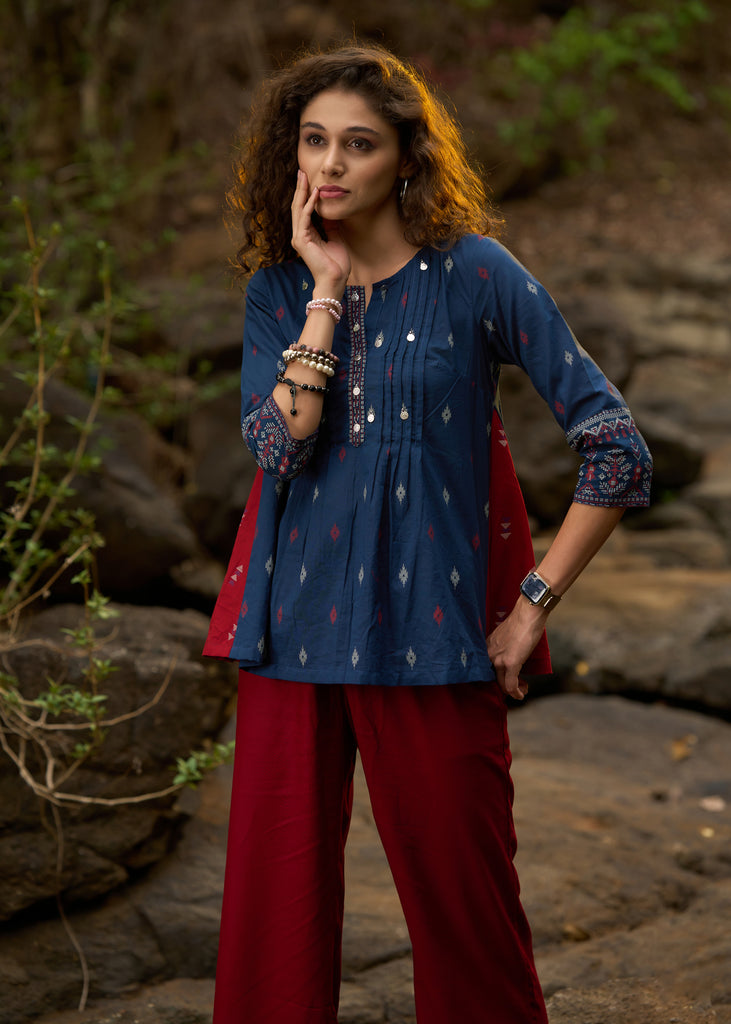 Navy blue printed top with front pleates & coin work