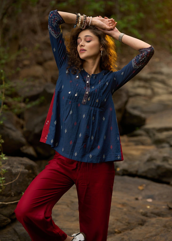 Navy blue printed top with front pleates & coin work