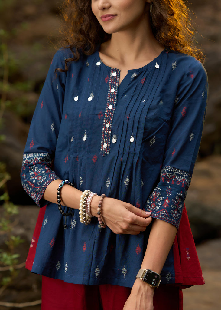 Navy blue printed top with front pleates & coin work