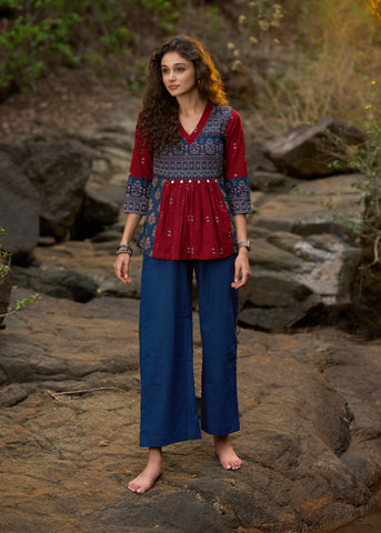 Maroon & navy blue block printed top with coin work - Pant Optional