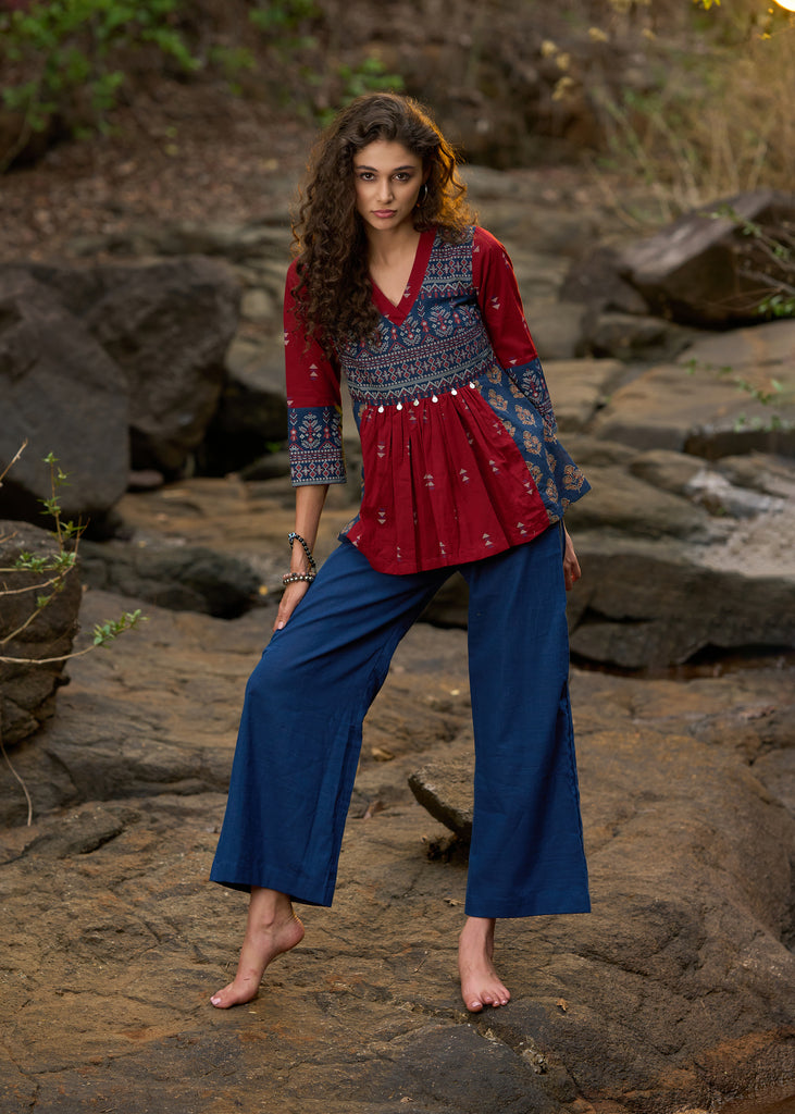 Maroon & navy blue block printed top with coin work - Pant Optional