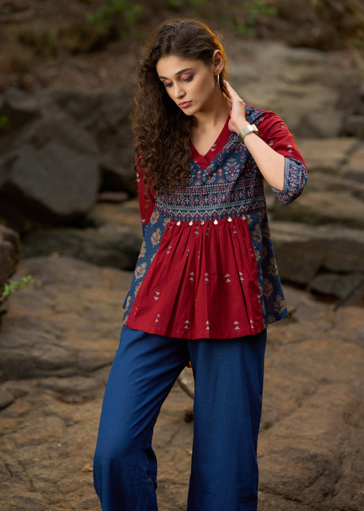 Maroon & navy blue block printed top with coin work - Pant Optional