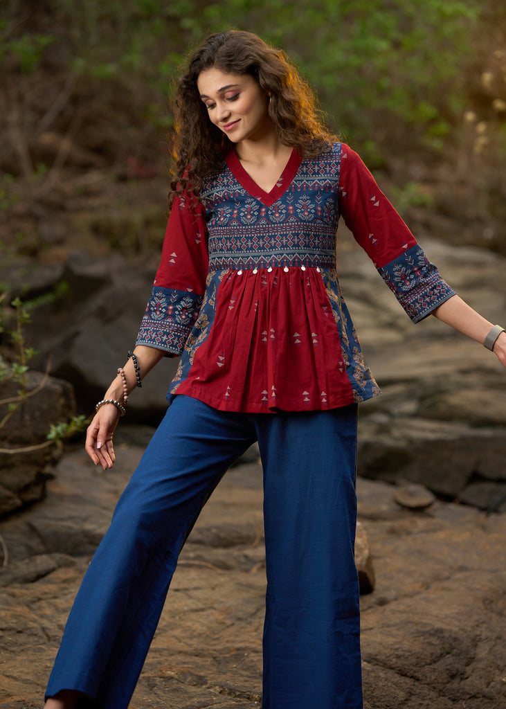 Maroon & navy blue block printed top with coin work - Pant Optional