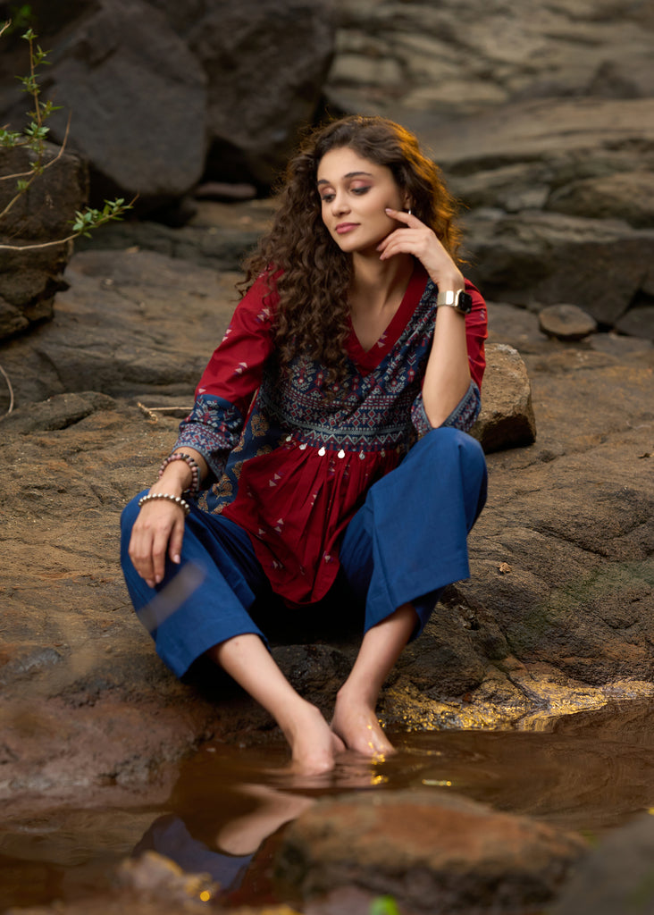 Maroon & navy blue block printed top with coin work - Pant Optional