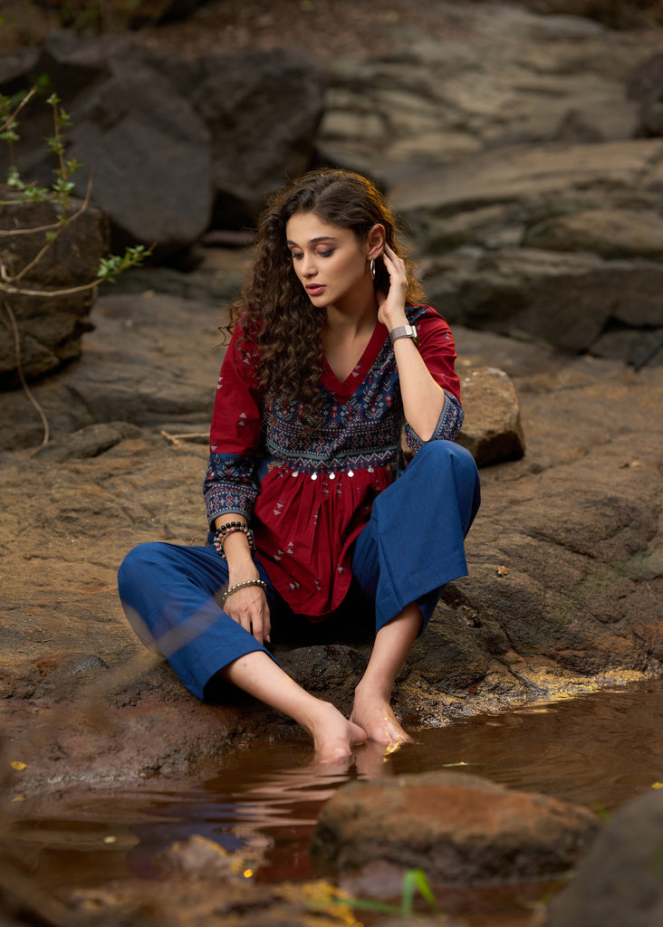 Maroon & navy blue block printed top with coin work - Pant Optional