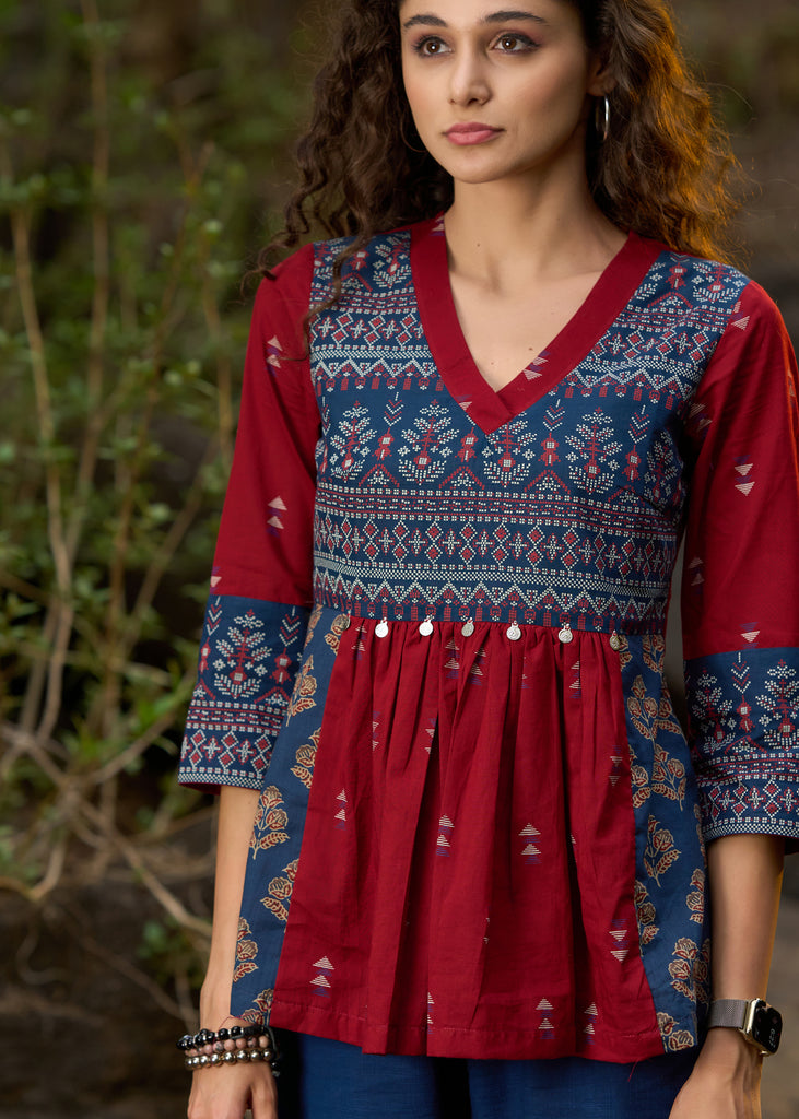 Maroon & navy blue block printed top with coin work - Pant Optional