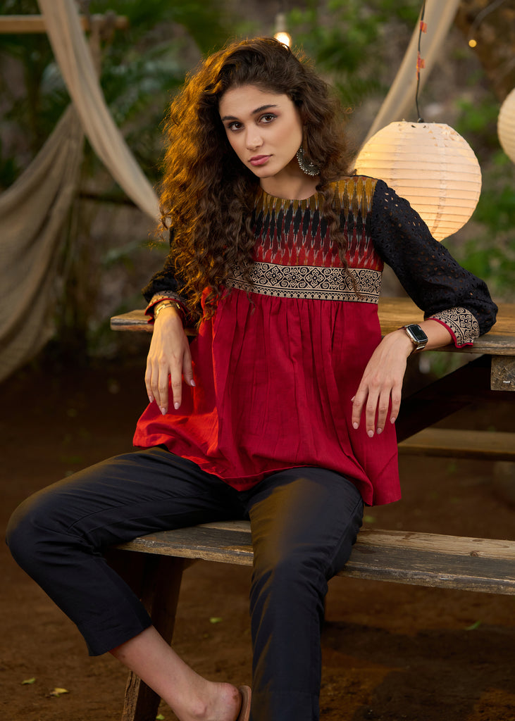 Unique Black & Red top with ikat yoke & hakoba sleeves - Pant Optional