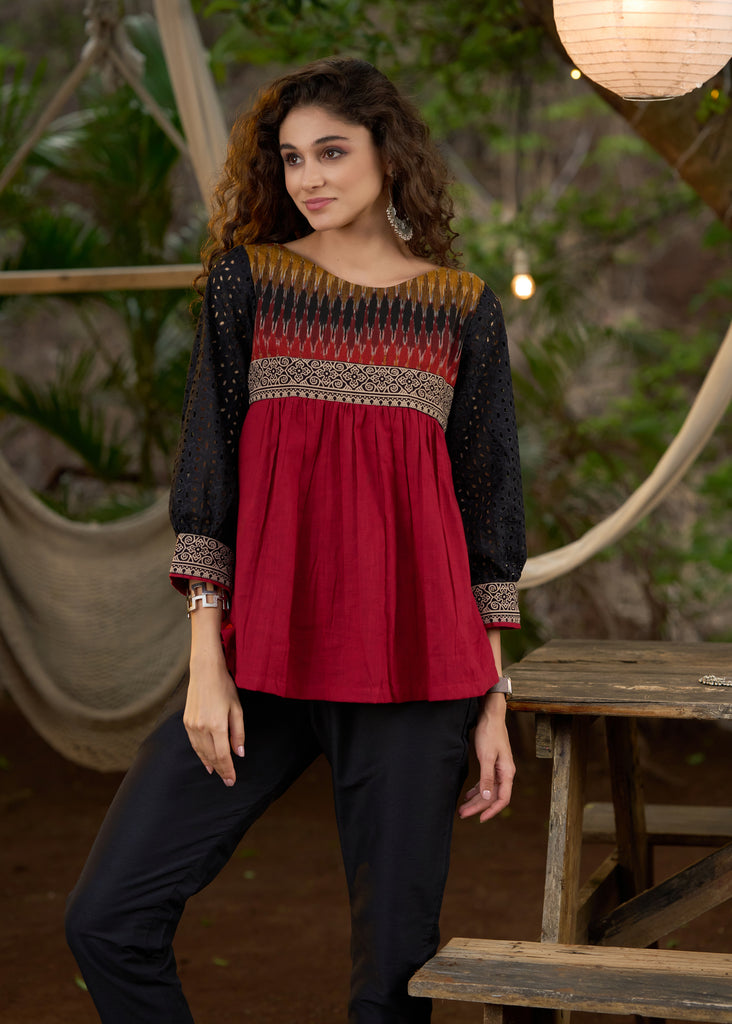 Unique Black & Red top with ikat yoke & hakoba sleeves - Pant Optional