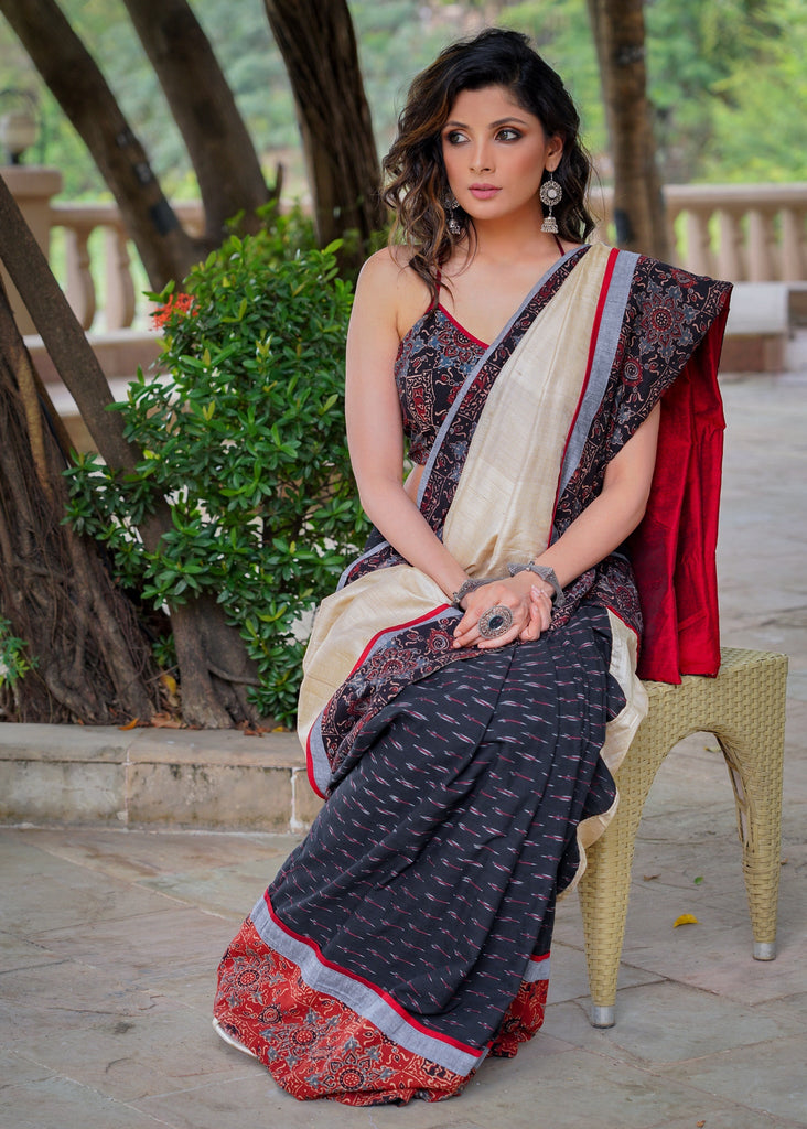 SALE_ Exclusive black cotton Ikat & Ajrakh combination saree