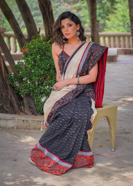 SALE_ Exclusive black cotton Ikat & Ajrakh combination saree