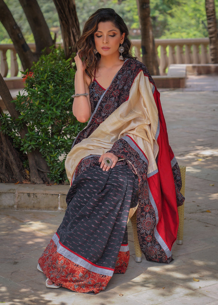 SALE_ Exclusive black cotton Ikat & Ajrakh combination saree