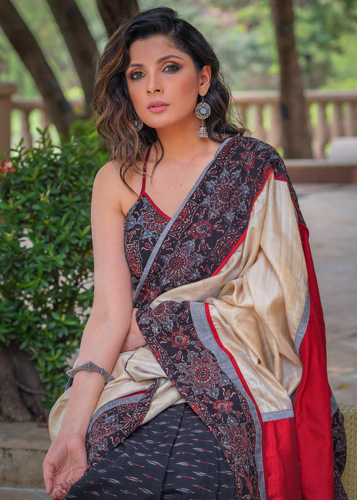 SALE_ Exclusive black cotton Ikat & Ajrakh combination saree