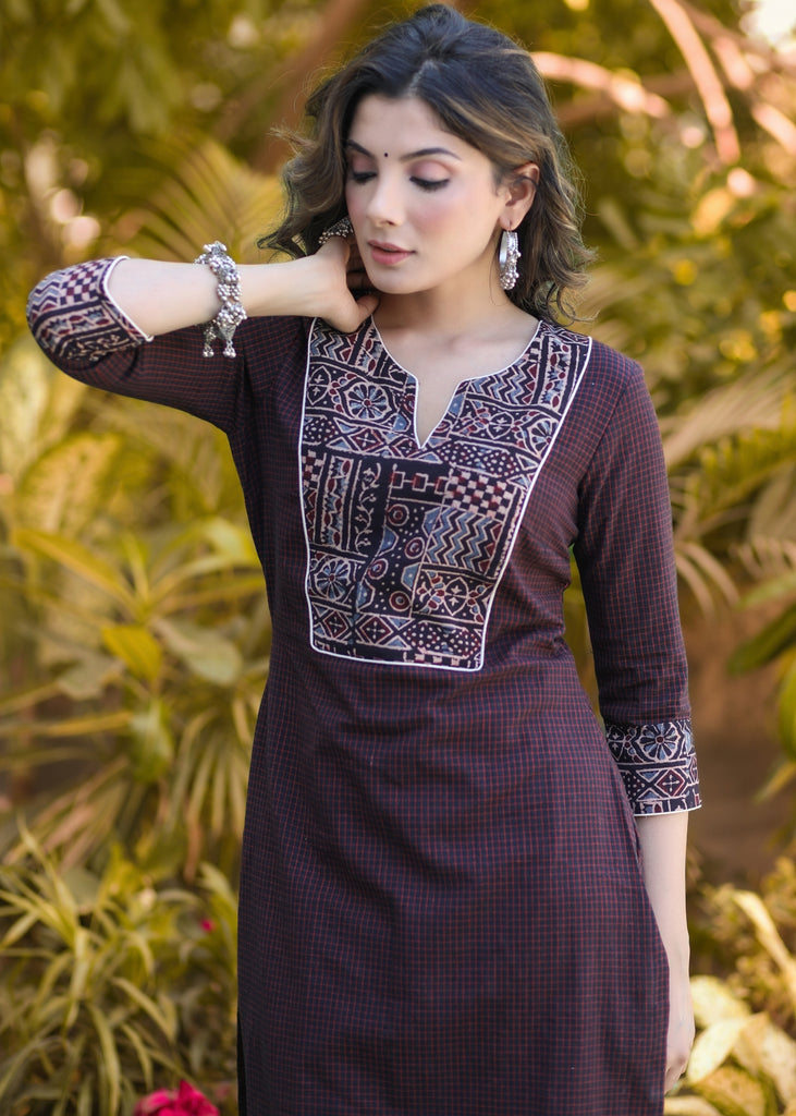 Smart Coffee Brown Pure Cotton Kurta with Ajrakh Harem Pant Set - Dupatta Optional