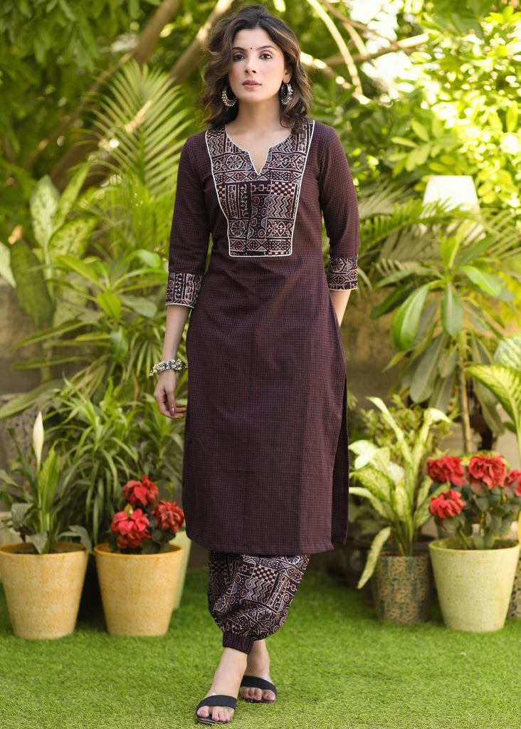 Smart Coffee Brown Pure Cotton Kurta with Ajrakh Harem Pant Set - Dupatta Optional