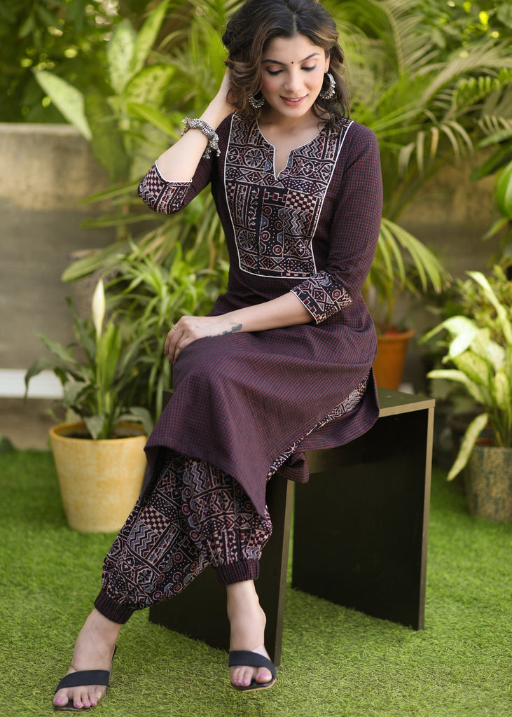 Smart Coffee Brown Pure Cotton Kurta with Ajrakh Harem Pant Set - Dupatta Optional