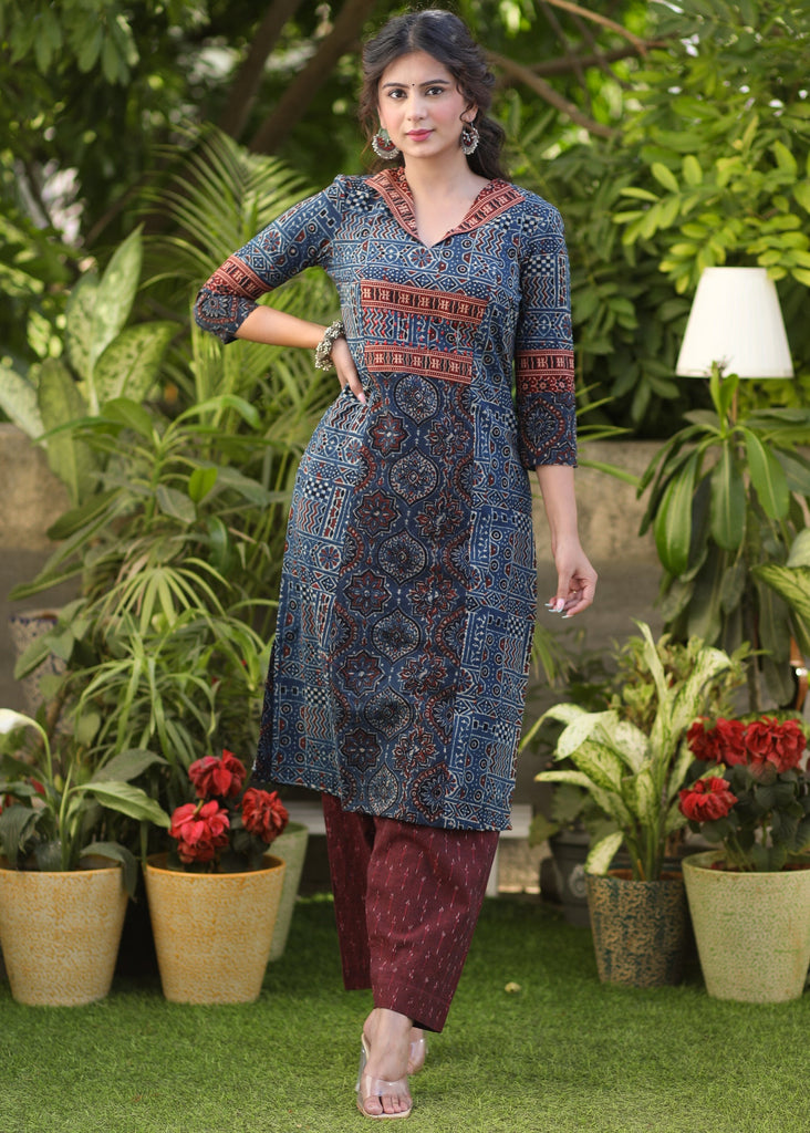 ON-SALE-elegant-navy-blue-embellished-cotton-ajrakh-kurti-pant-optional