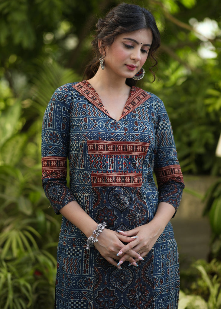 ON-SALE-elegant-navy-blue-embellished-cotton-ajrakh-kurti-pant-optional