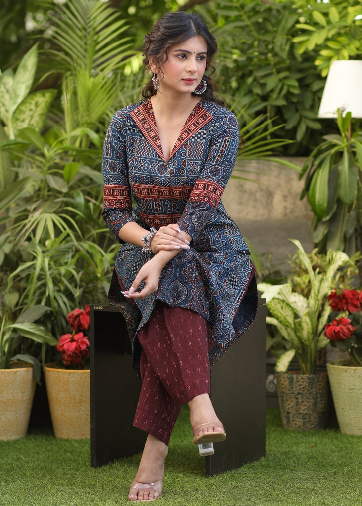 ON-SALE-elegant-navy-blue-embellished-cotton-ajrakh-kurti-pant-optional