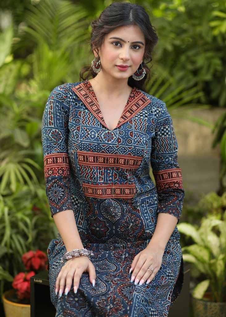 ON-SALE-elegant-navy-blue-embellished-cotton-ajrakh-kurti-pant-optional